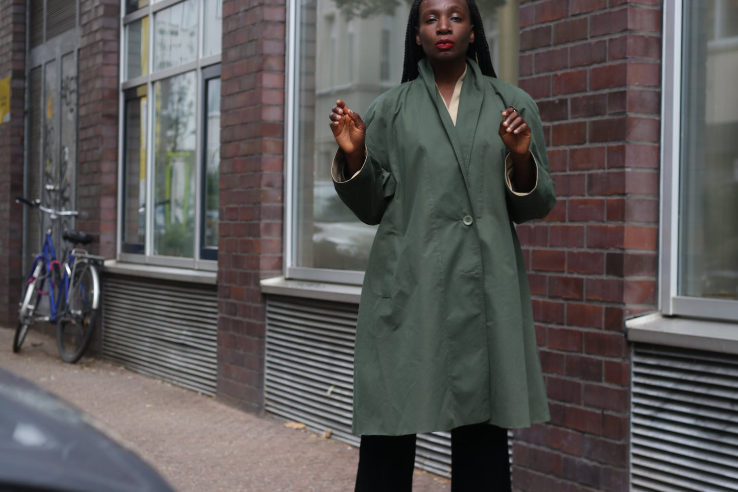 Vintage Ellen Partridge Green Trench Coat 1980s Cotton Duster Minimalist Jacket M
