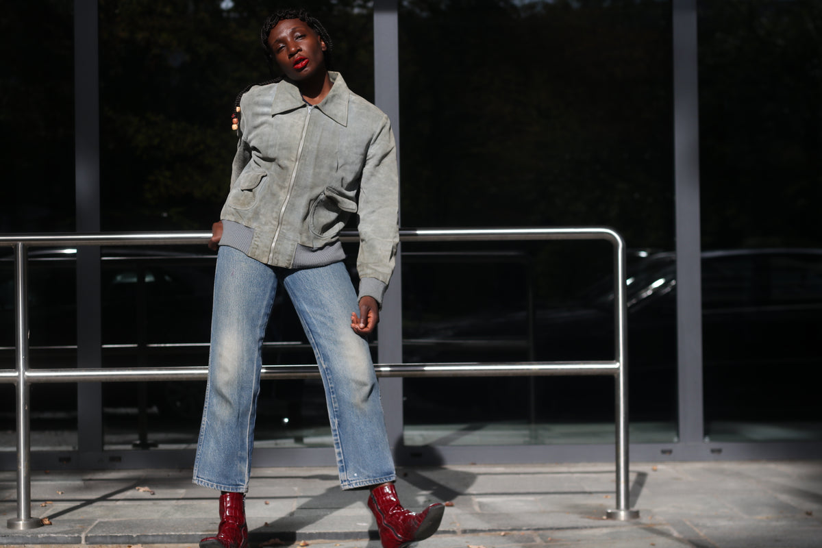 Suede Bomber Jacket | Vintage 70s Grey Suede Flight Coat | Size M