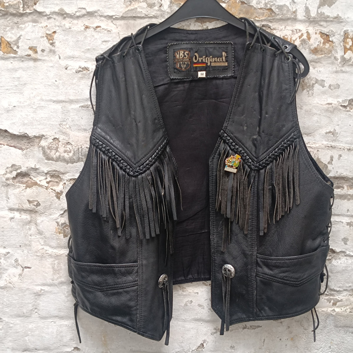 Men's NBS Original black leather biker vest with fringes, size M