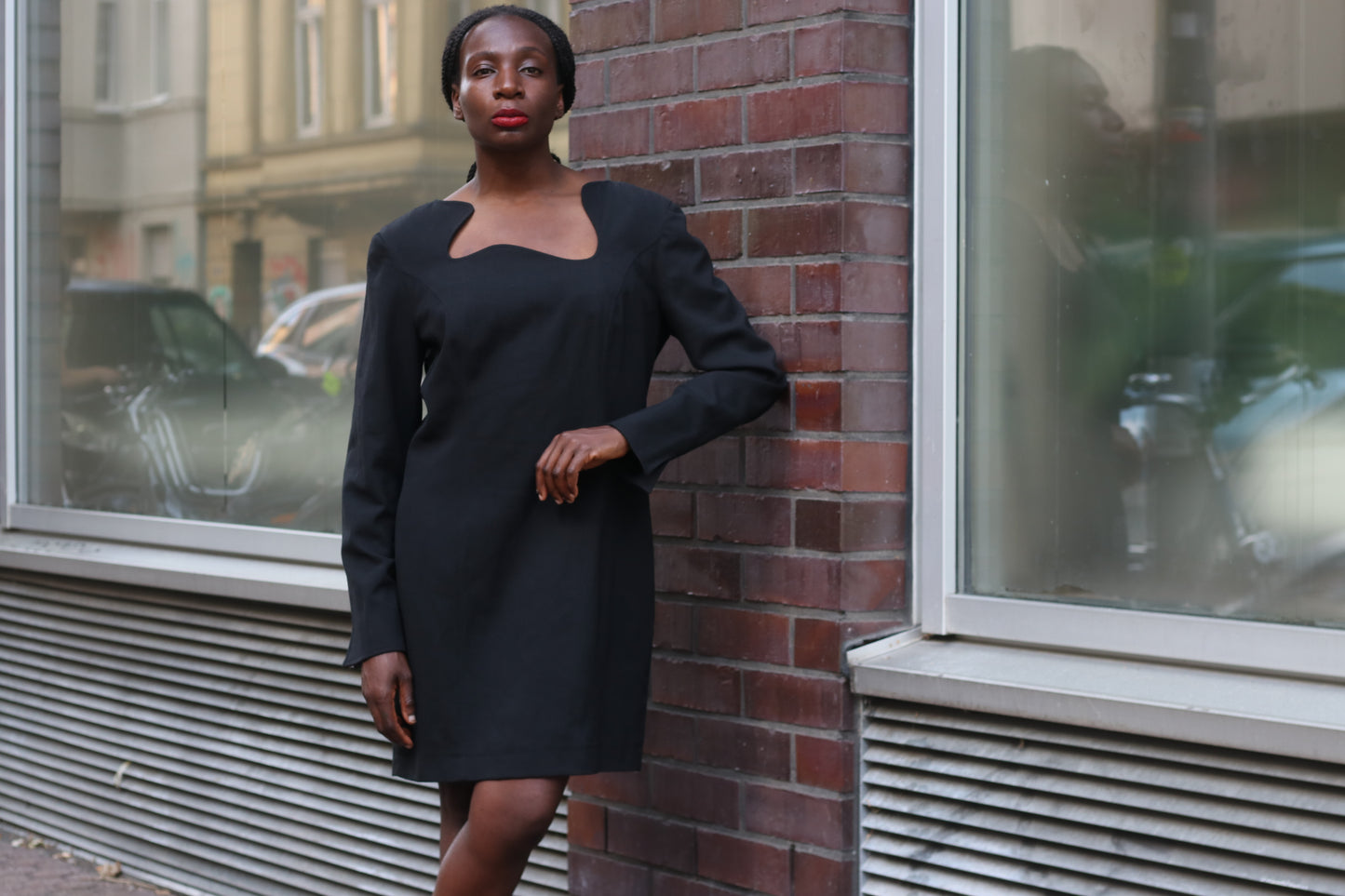 Madeleine Vintage 90s Dress Black Wavy Square Neck Asymmetric Avant Garde LBD M
