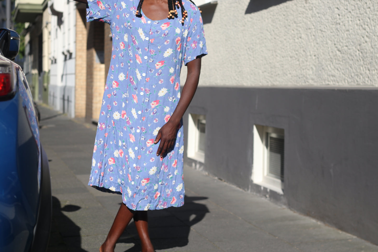 Vintage 1990s Floral Midi Dress - Blue 90s Grunge Button Front Sundress