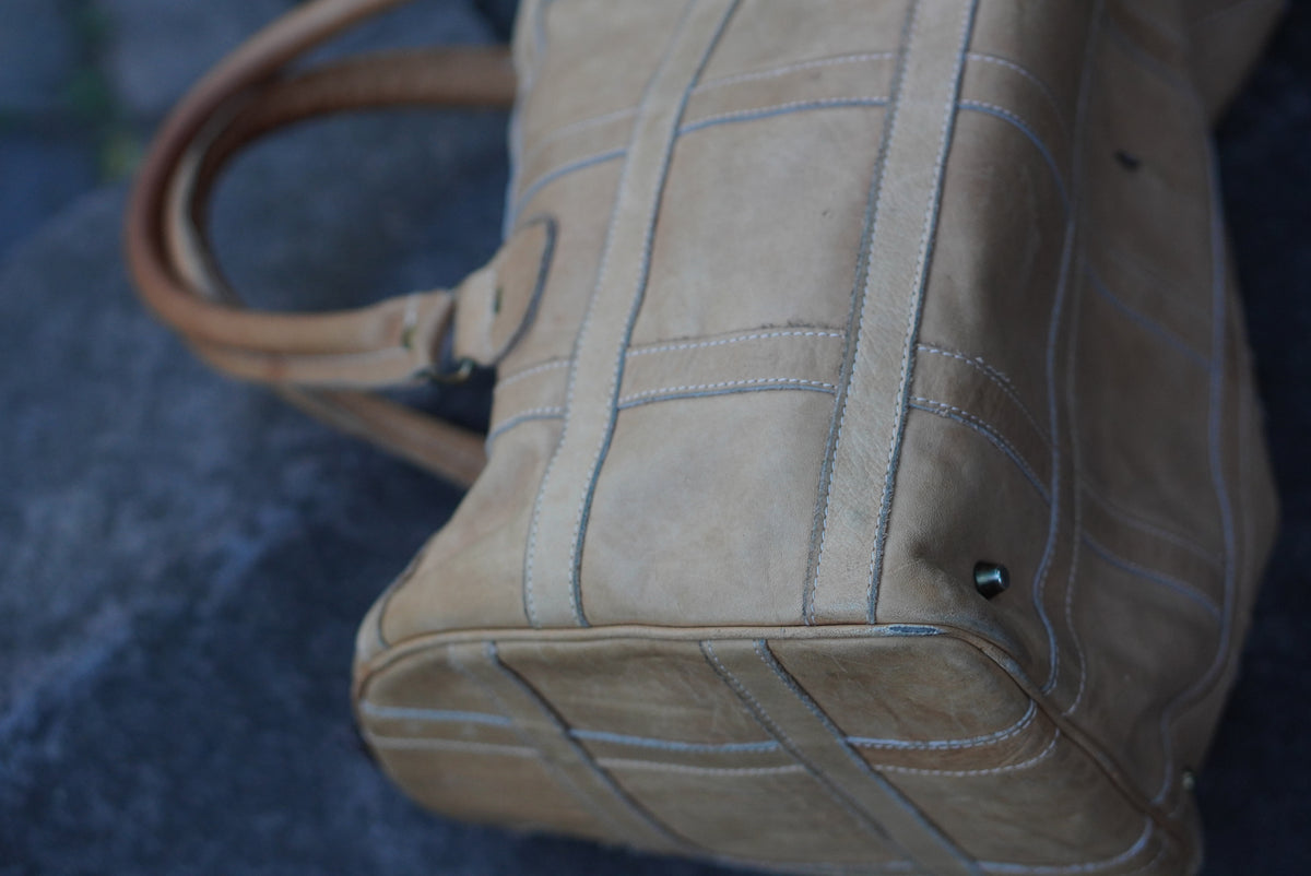 Vintage Patchwork Leather Duffle Bag - 1970s Tan Travel Holdall