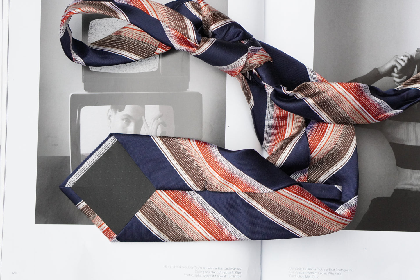 Vintage 1980s Silk Tie Navy Blue Orange Striped Necktie Retro Academic Preppy