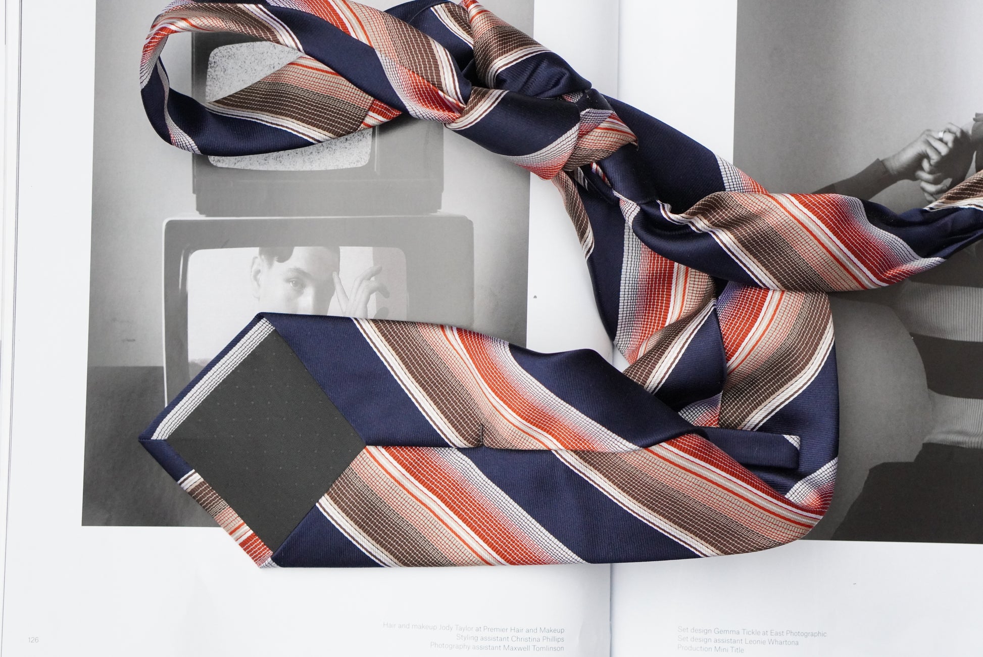 Vintage 1980s Silk Tie Navy Blue Orange Striped Necktie Retro Academic Preppy