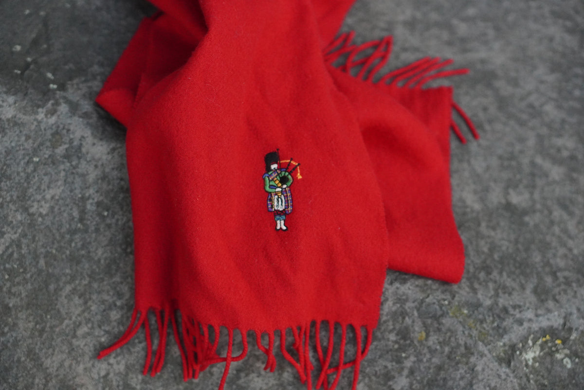 Red Wool Scarf - Vintage 80s Embroidered Bagpiper Fringed Scarf | One Size
