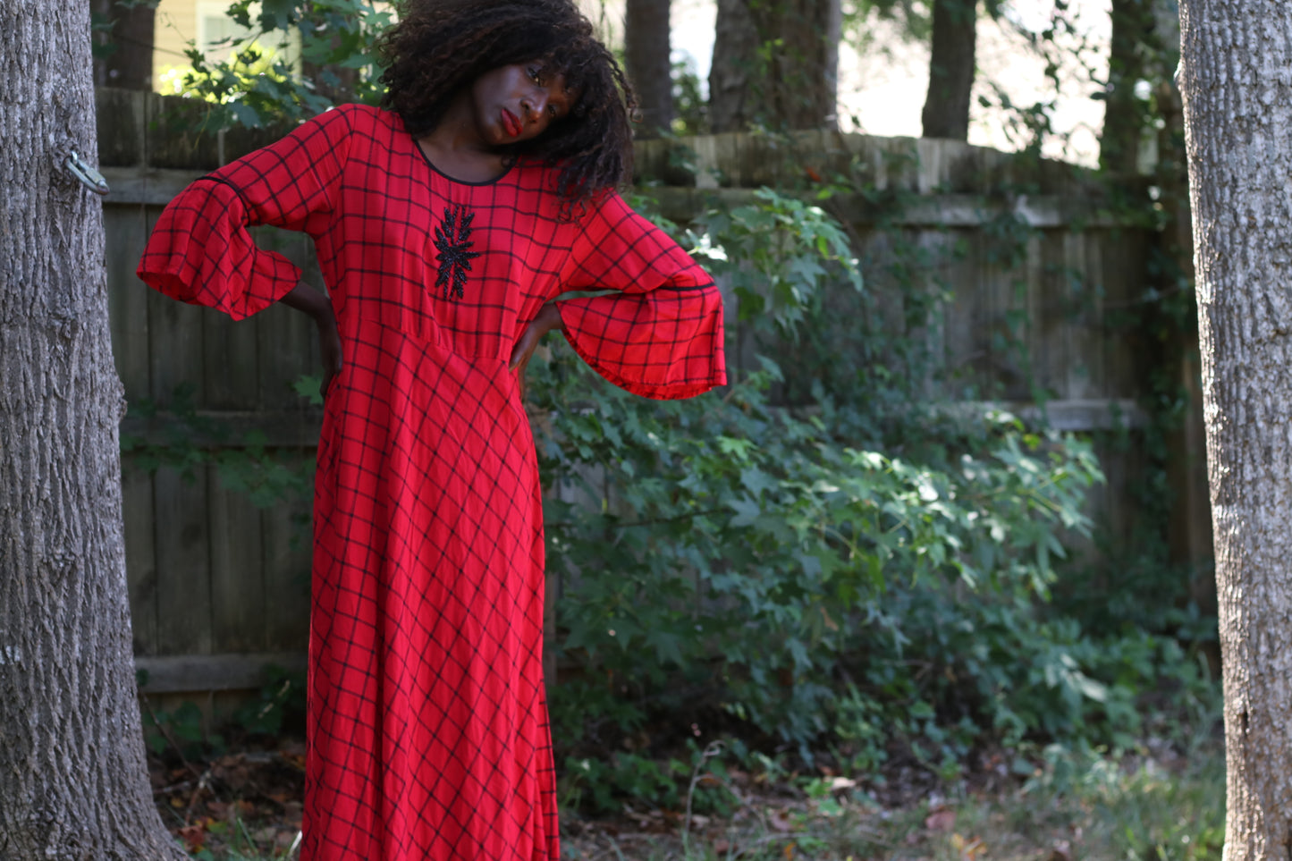 Vintage 1990s Red Plaid Bell Sleeve Maxi Dress