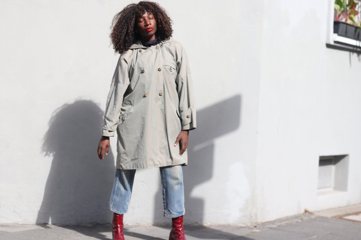Trench Coat 80s Vintage Sage Green Hooded Oversized Jacket | L/XL
