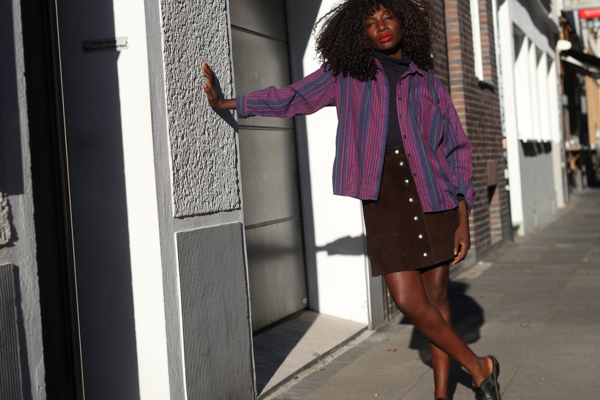 Vintage Striped Oversized Shirt | 90s Purple Teal Cotton Blouse XS to S