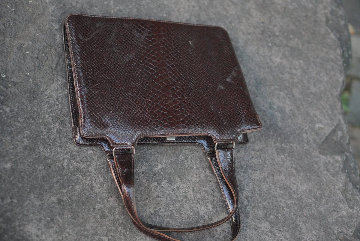 Vintage 1960s Faux Snakeskin Handbag - Dark Brown Top Handle Purse