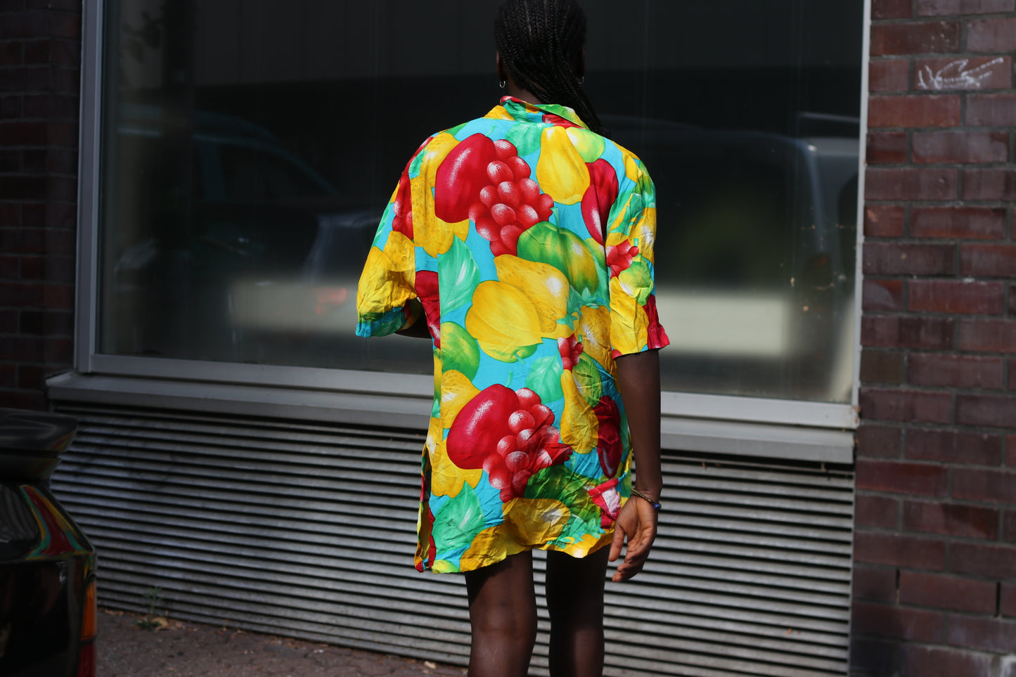 Vintage 90s Fruit Print Shirt Dress - Vibrant Oversized Summer Tunic