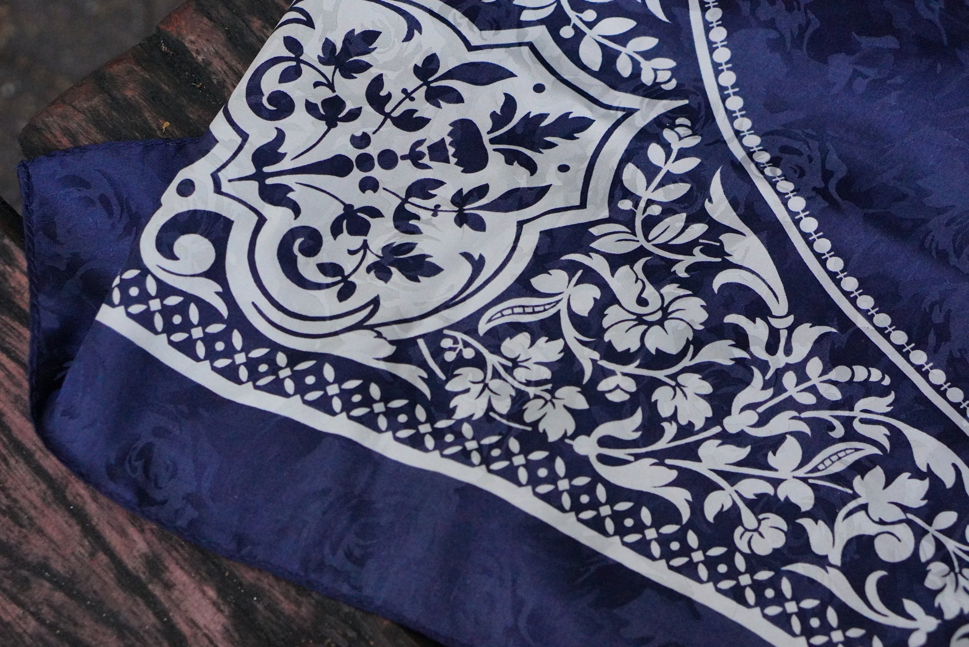 Vintage Italy Silk Scarf Blue White Baroque Medallion Head Neck Square Wrap Bandana
