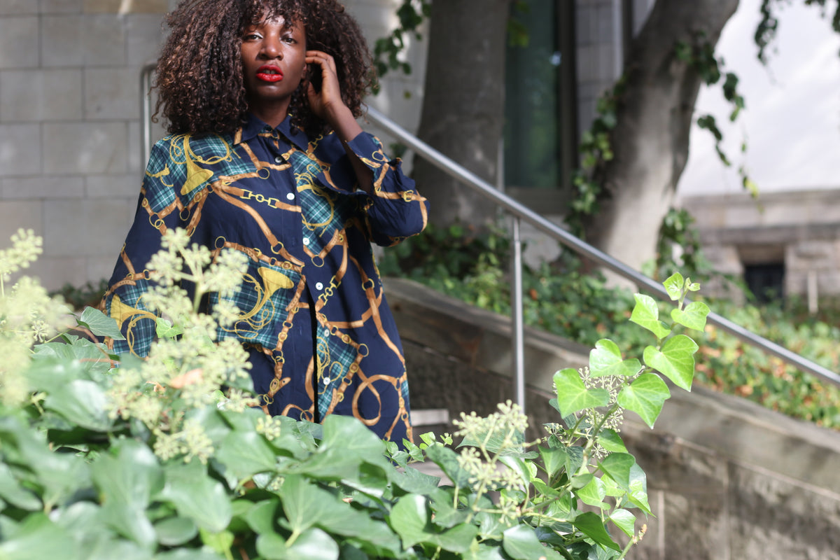 90s equestrian print button down shirt, resort style navy blue blouse, size M