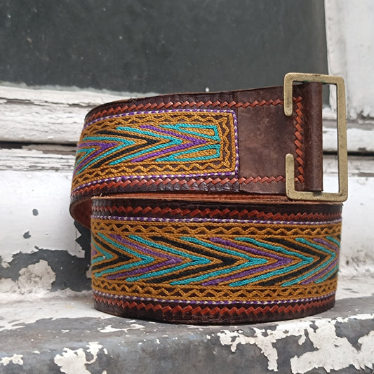 Leather Embroidered Belt | Vintage 70s Boho | Brown Multicolor - One Size