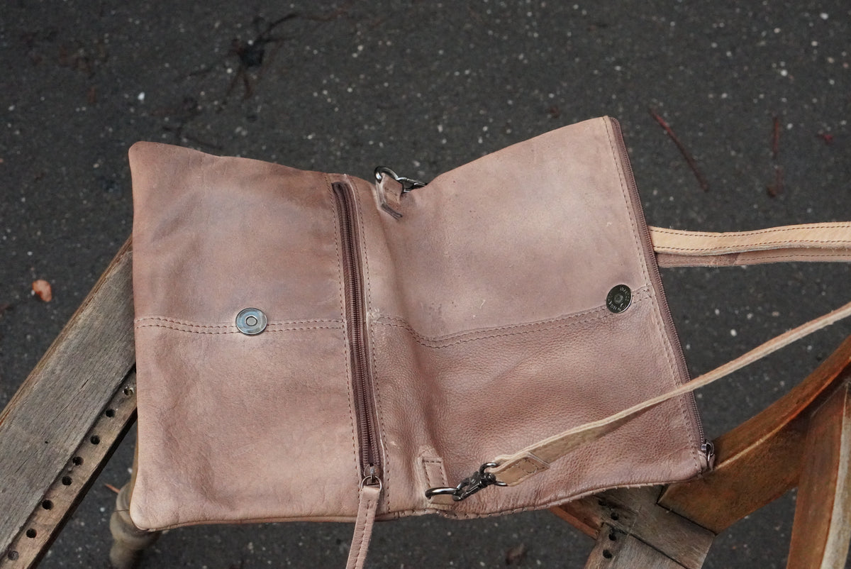 Leather Foldover Crossbody Bag | Y2K Boho Perforated Clutch | Taupe Brown