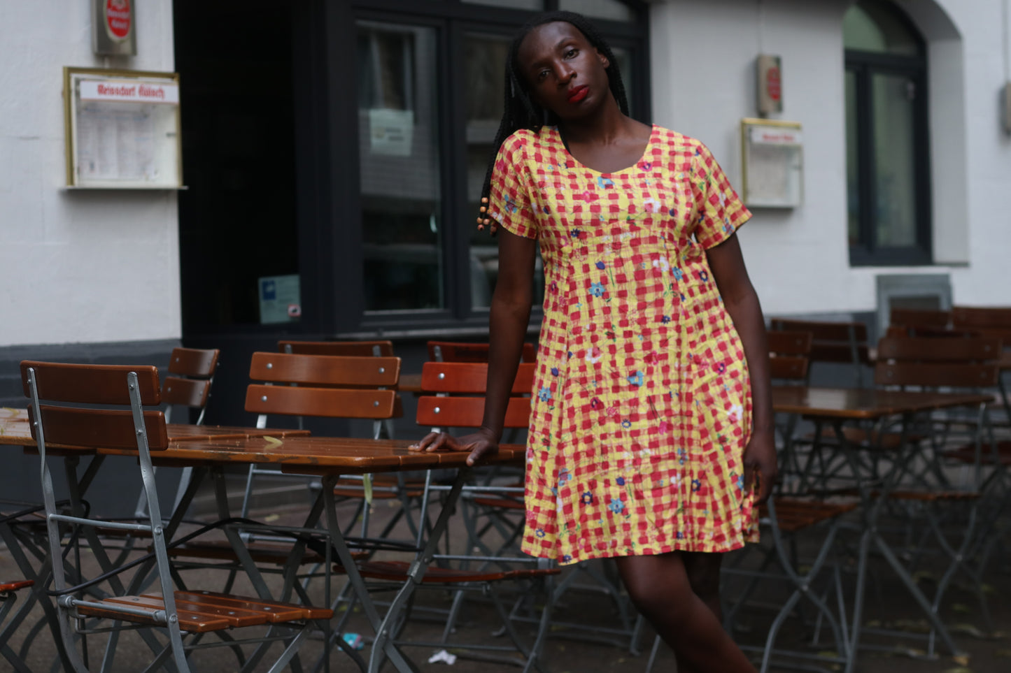 Vintage 1990s Gingham Dress Floral Plaid Mini Dress Yellow Red Smock Grunge Medium