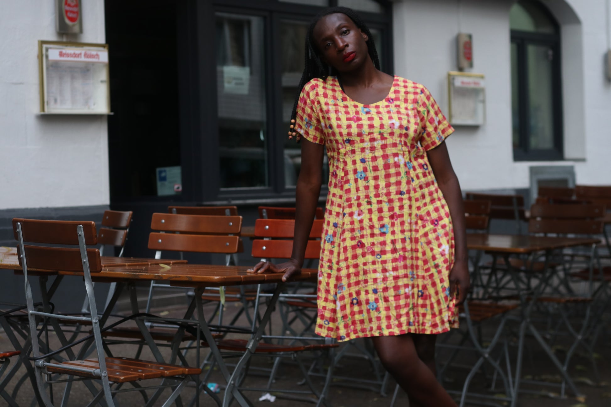 Vintage 1990s Gingham Dress Floral Plaid Mini Dress Yellow Red Smock Grunge Medium