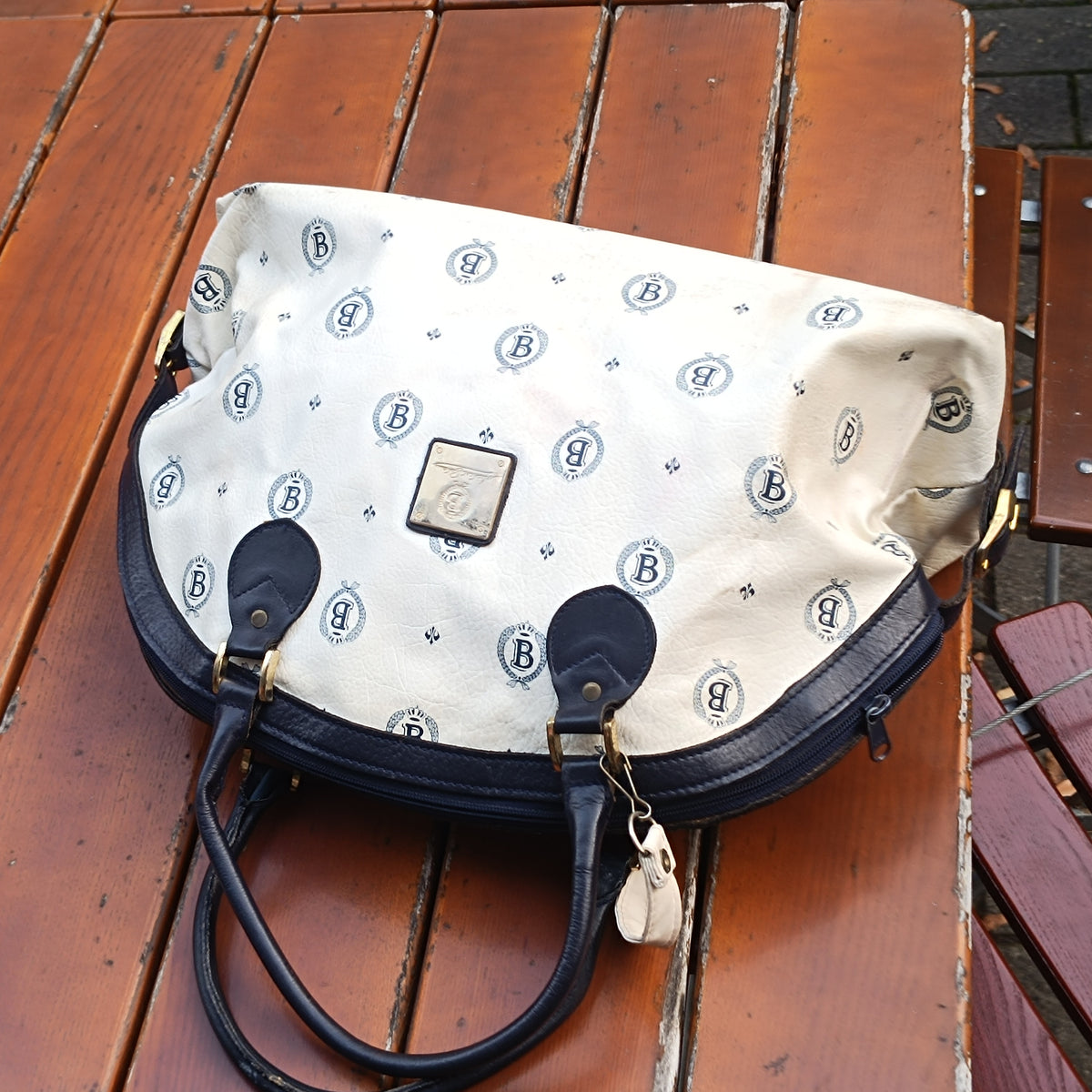Vintage Michael Bocheim Monogram Boston Bag | 90s Chic Cream & Navy Handbag