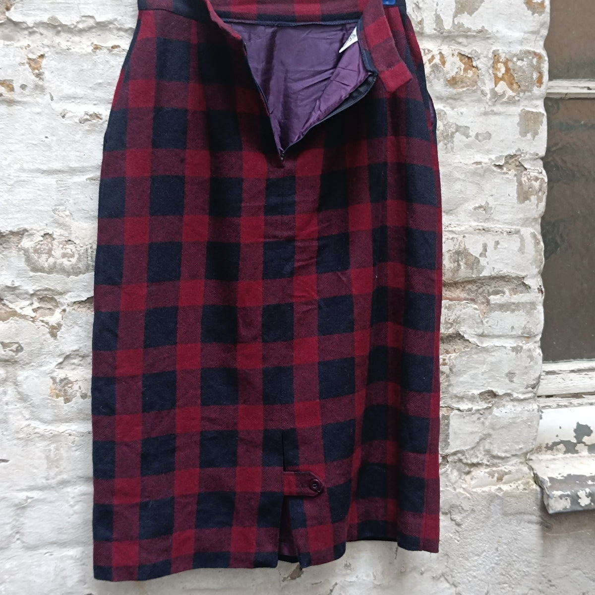 Vintage Plaid Wool Pencil Skirt | 90s Red Navy Midi Skirt XS to S