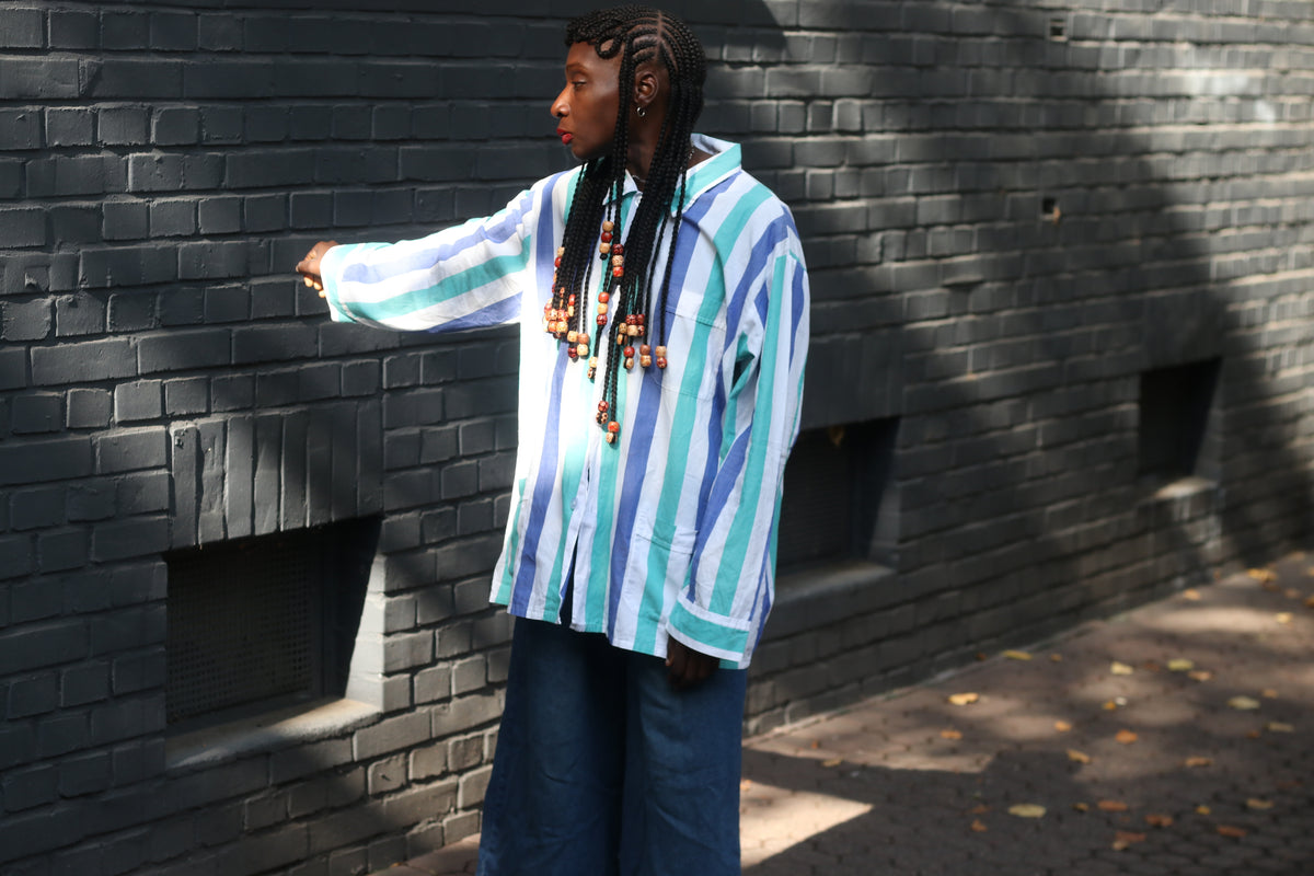 Striped Cotton Shirt Jacket - 80s Vintage Oversized Overshirt | L