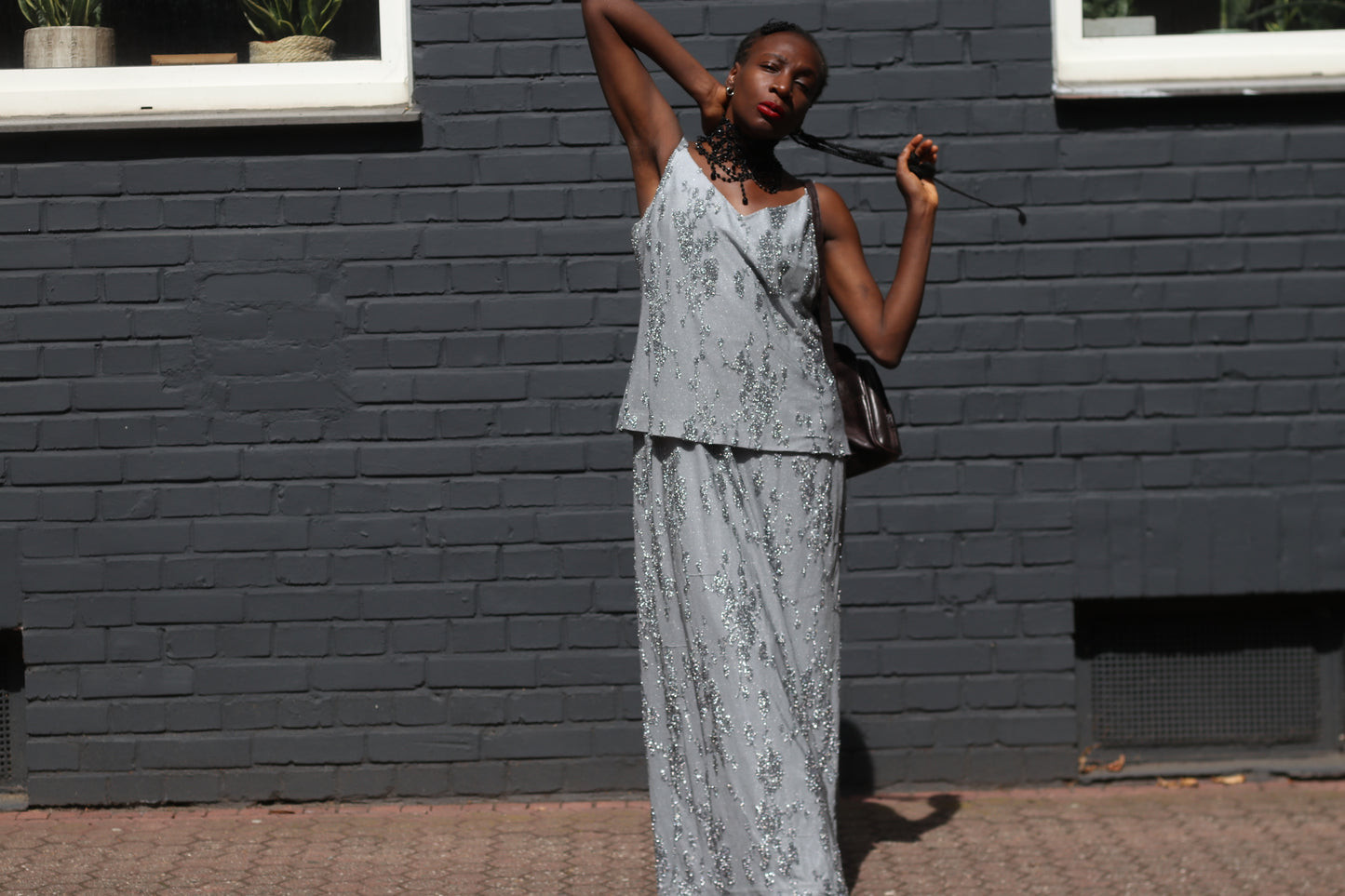 Vintage Silver Sequin Layered Dress - 90s Huey Waltzer En Francais Maxi