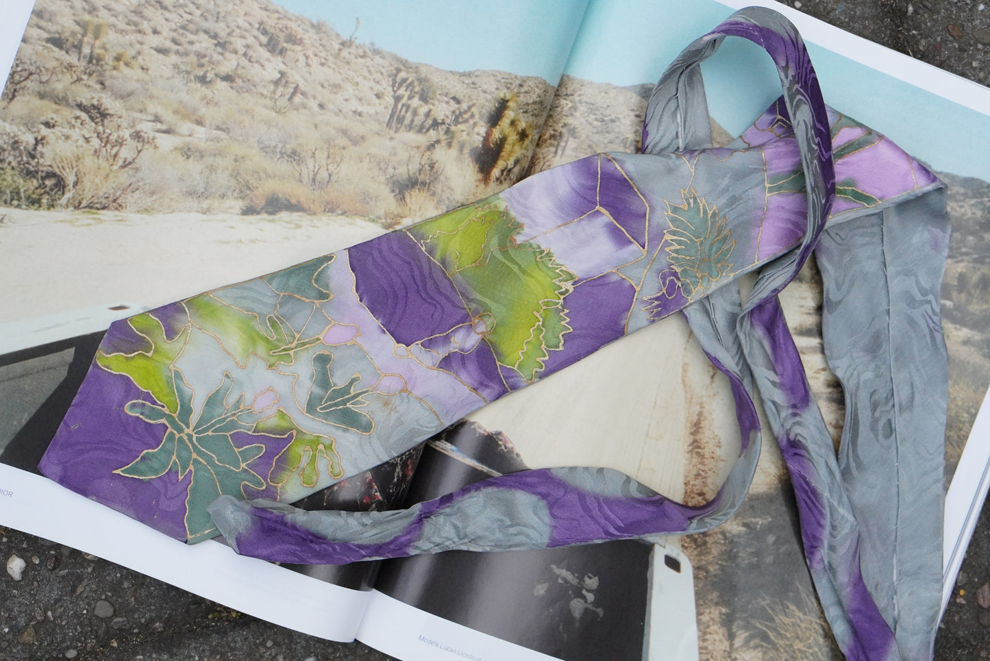 Vintage 100% Silk Tie Hand Painted Abstract Floral Purple Green Gray Art Wear Necktie