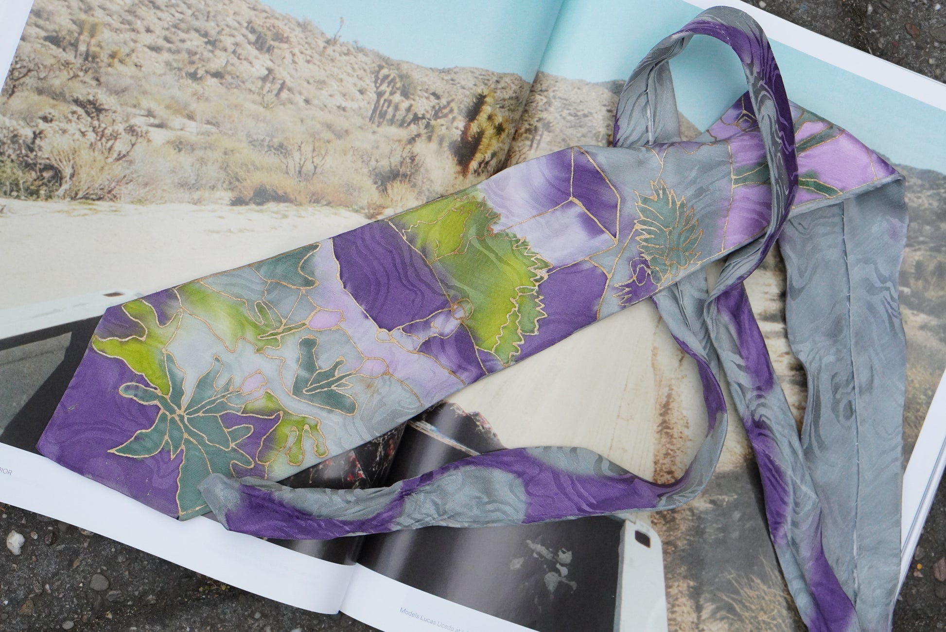 Vintage 100% Silk Tie Hand Painted Abstract Floral Purple Green Gray Art Wear Necktie