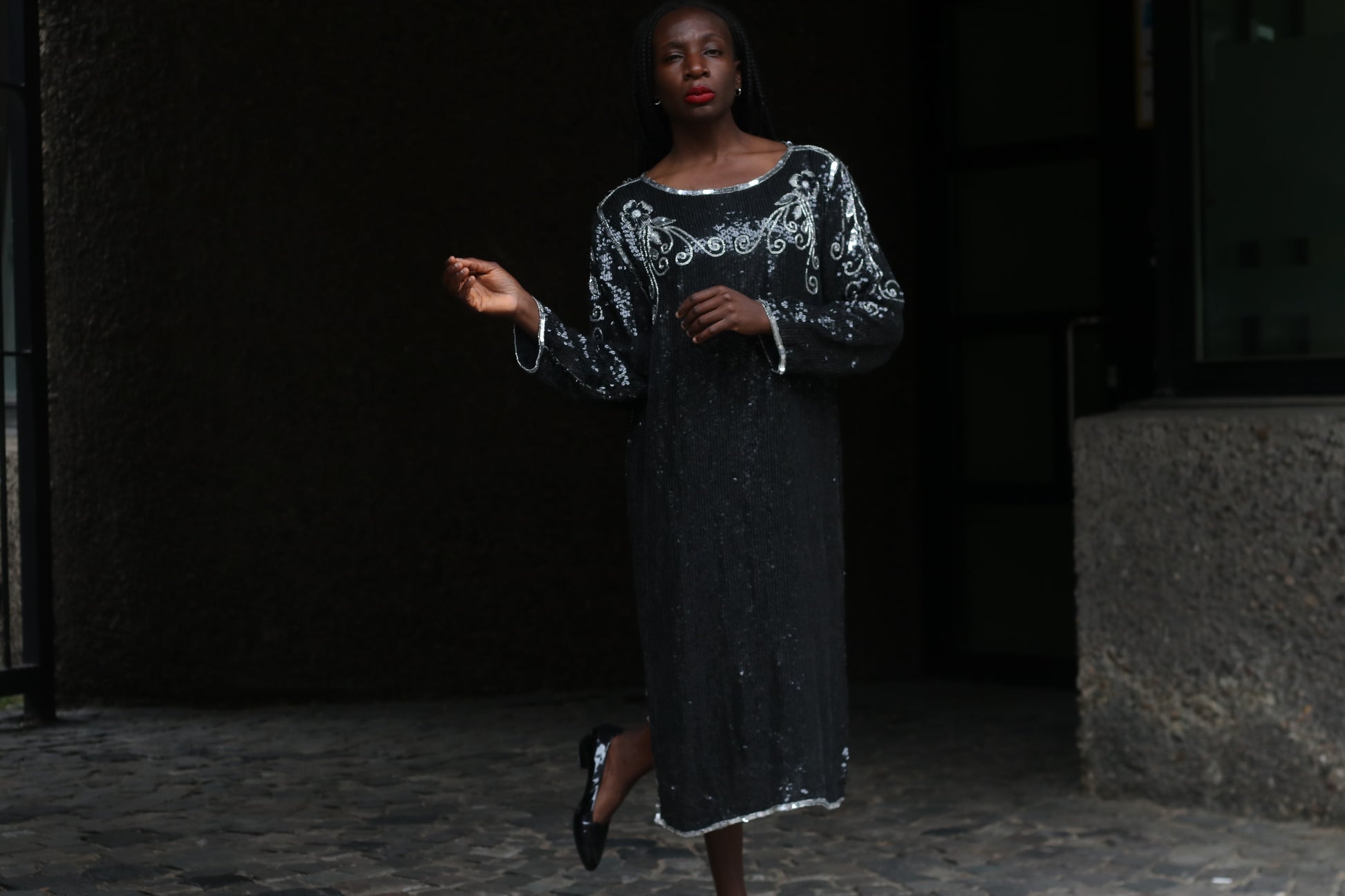  Vintage 1980s Silk Sequin Dress - Made in India Beaded Evening Midi