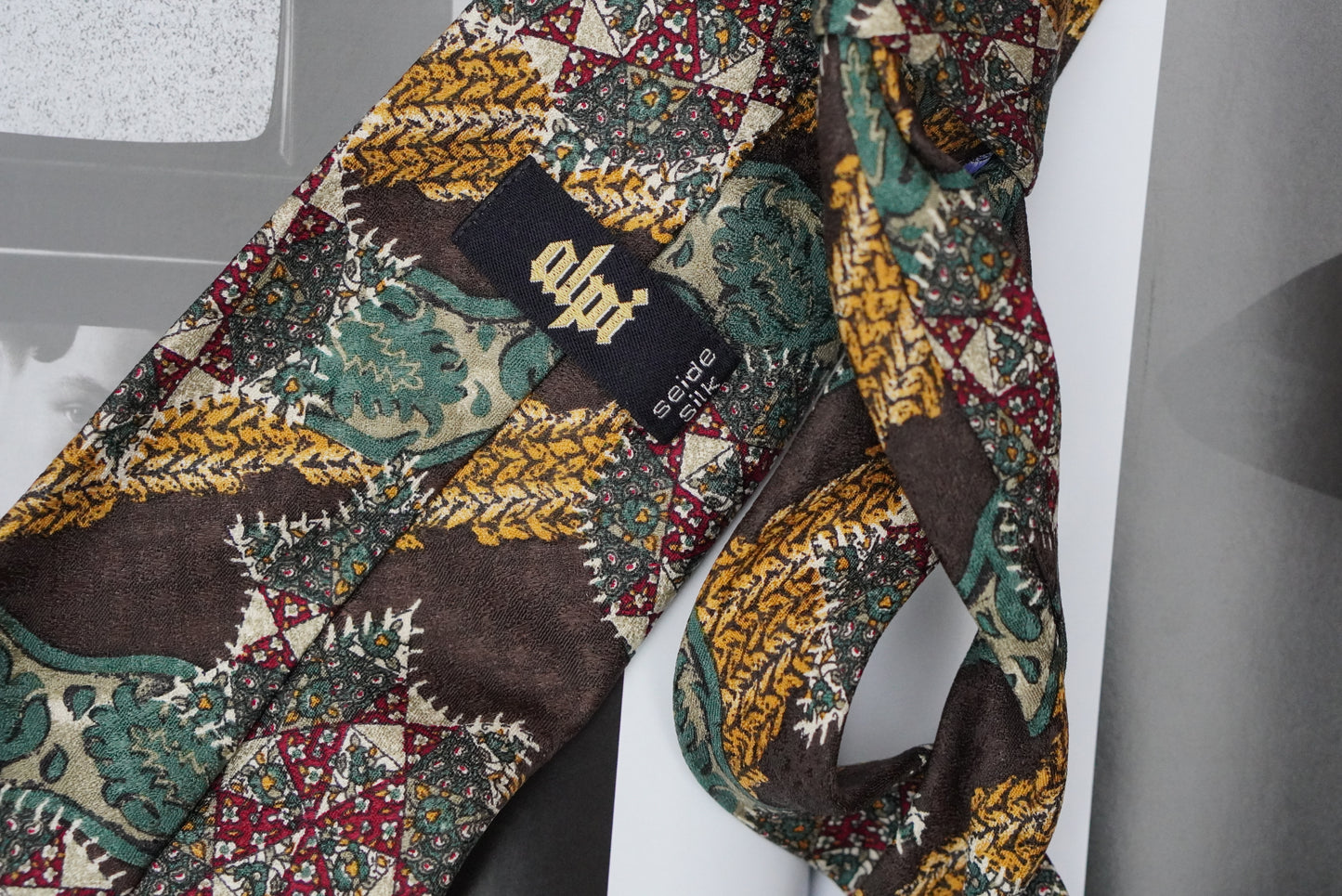 Alpi Vintage 1980s Silk Tie Brown Green Gold Geometric Abstract Mens Necktie