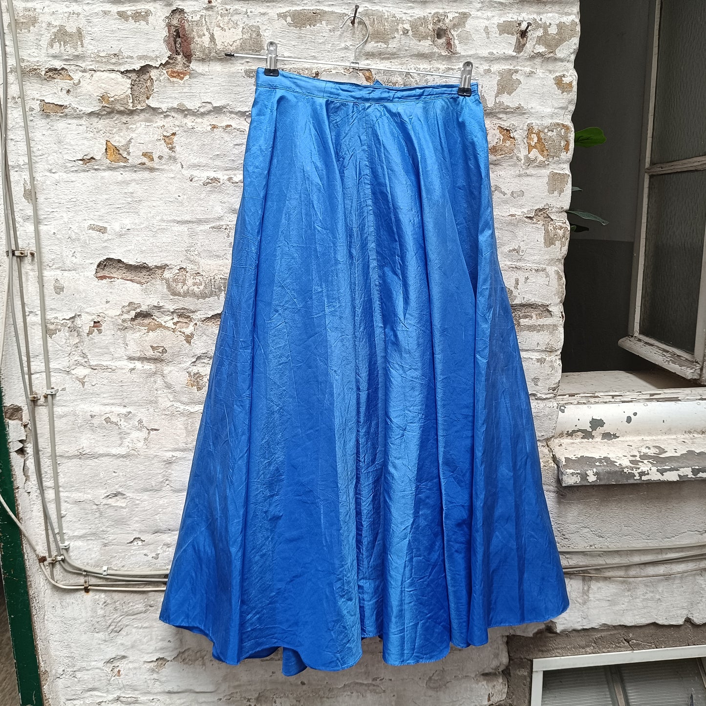 Vintage Blue Silk Maxi Skirt | 80s High Waist Pleated Party Skirt XS