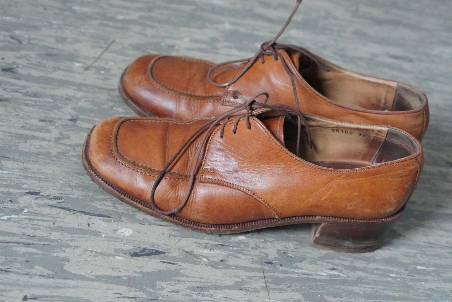 Leather Oxfords - 70s Tan Brown Square Toe Heeled Shoes - Size EU 38.5