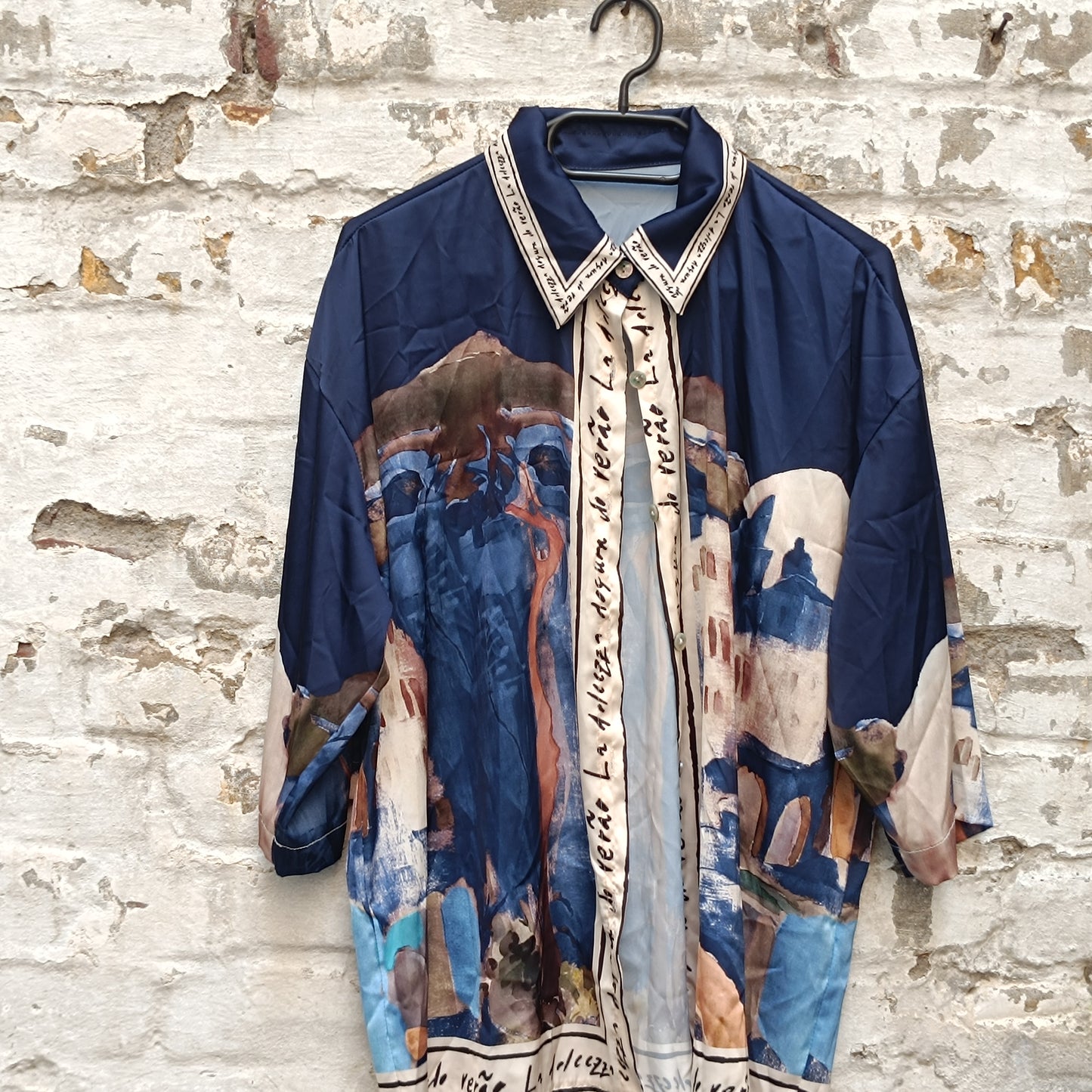 Vintage Silk Landscape Print Shirt - 90s Oversized Blue Blouse  M/L