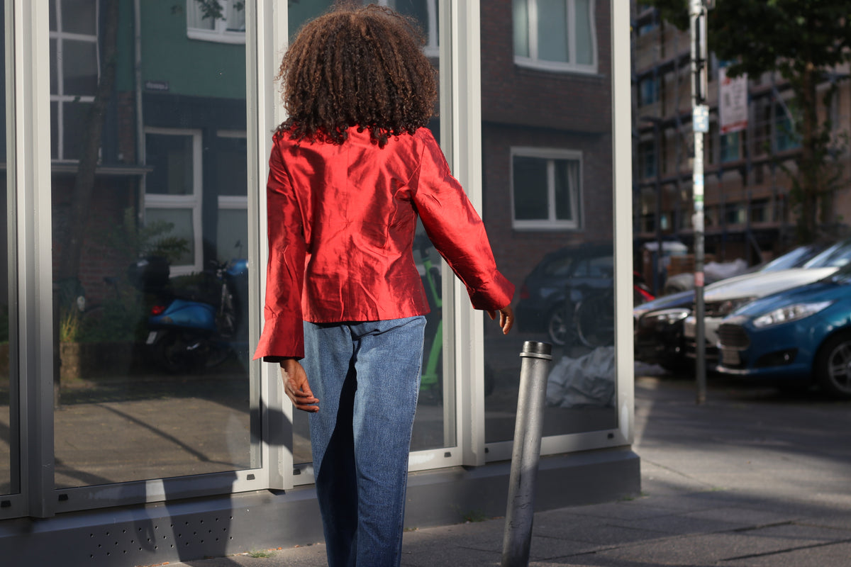 Vintage Metallic Red Silk Blouse | 90s Tailored Long Sleeve Top - XS/S