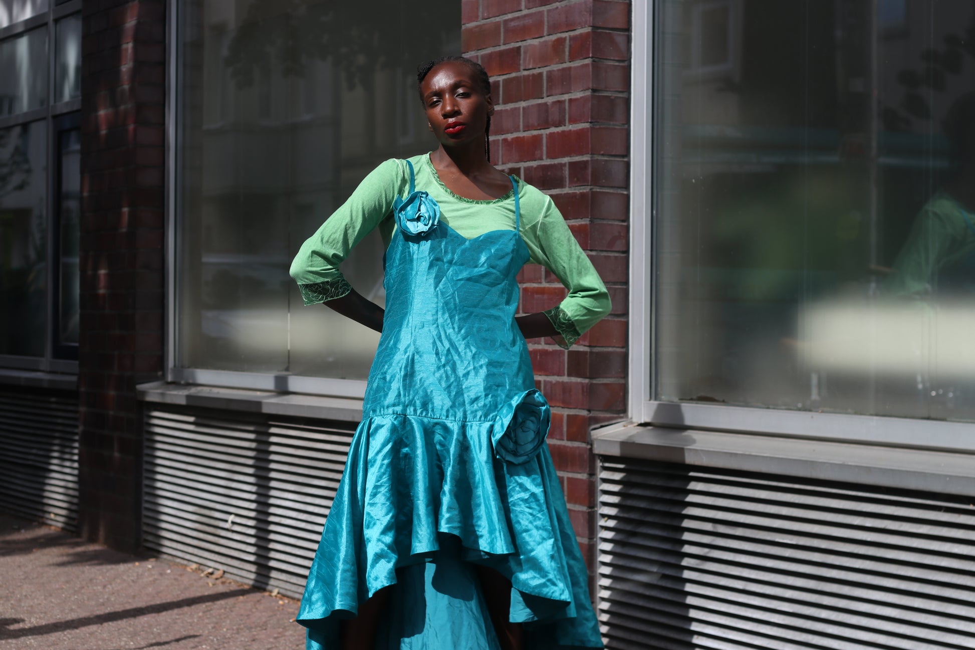 Vintage Y2K Teal Blue Rosette High Low Midi Dress - Party Gown M to L
