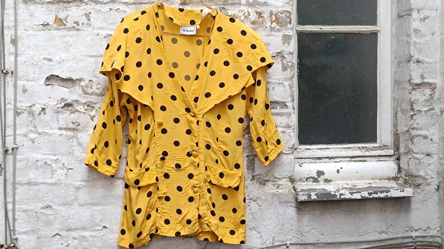 Vintage 1980s Polka Dot Blouse Yellow Black Statement Collar Avant Garde Shirt