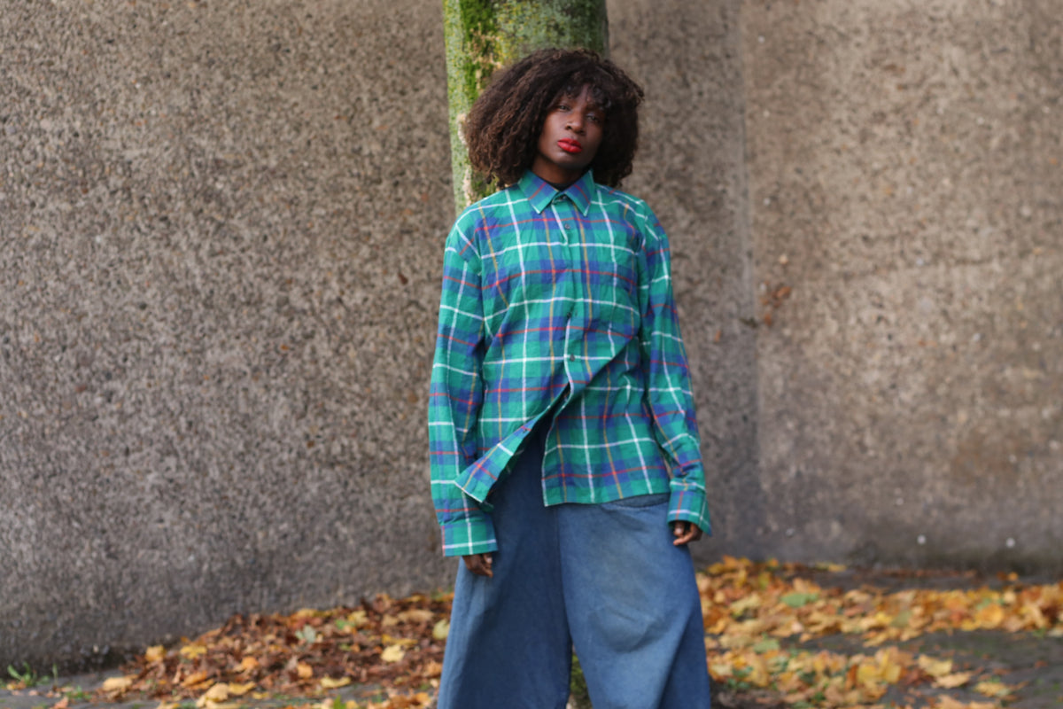 Vintage Plaid Shirt | 90s Green Blue Cotton Button Down | L