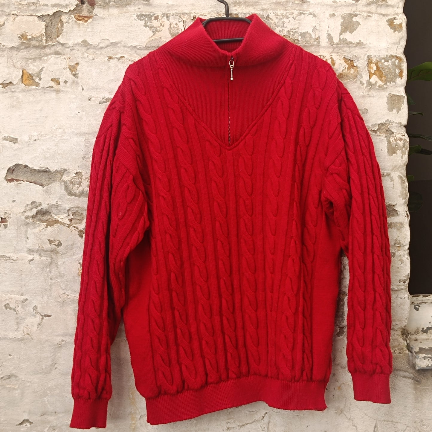 Merino Wool Sweater - Vintage Red Cable Knit Quarter Zip Jumper  L