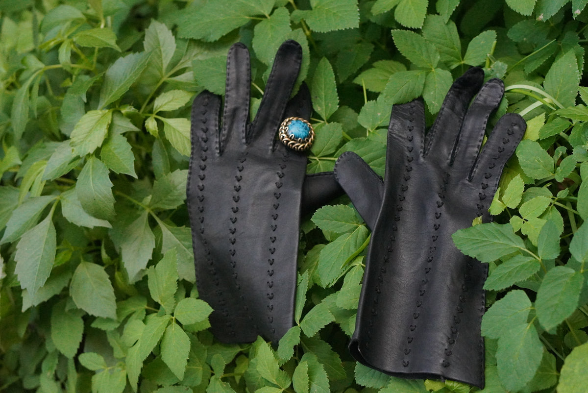 Vintage Leather Gloves | 1970s Mid Calf Opera Gloves | Black Size 7.5