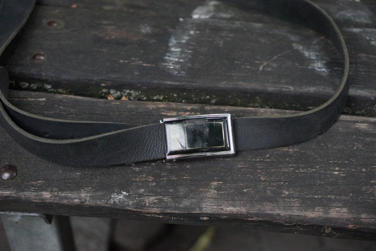 Vintage Leather Belt Black Silver Plaque Buckle Minimalist 1990s Y2K Grunge Unisex