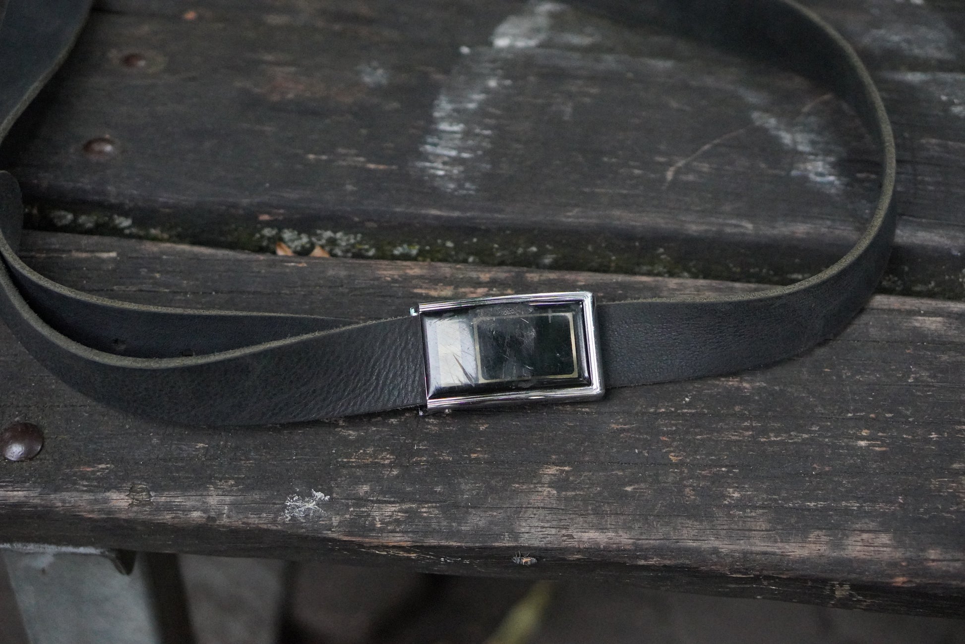 Vintage Leather Belt Black Silver Plaque Buckle Minimalist 1990s Y2K Grunge Unisex