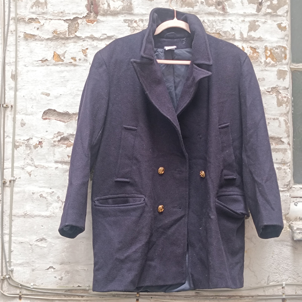 Vintage H&M Pea Coat 90s Navy Wool Blend Double Breasted Anchor Buttons S/M