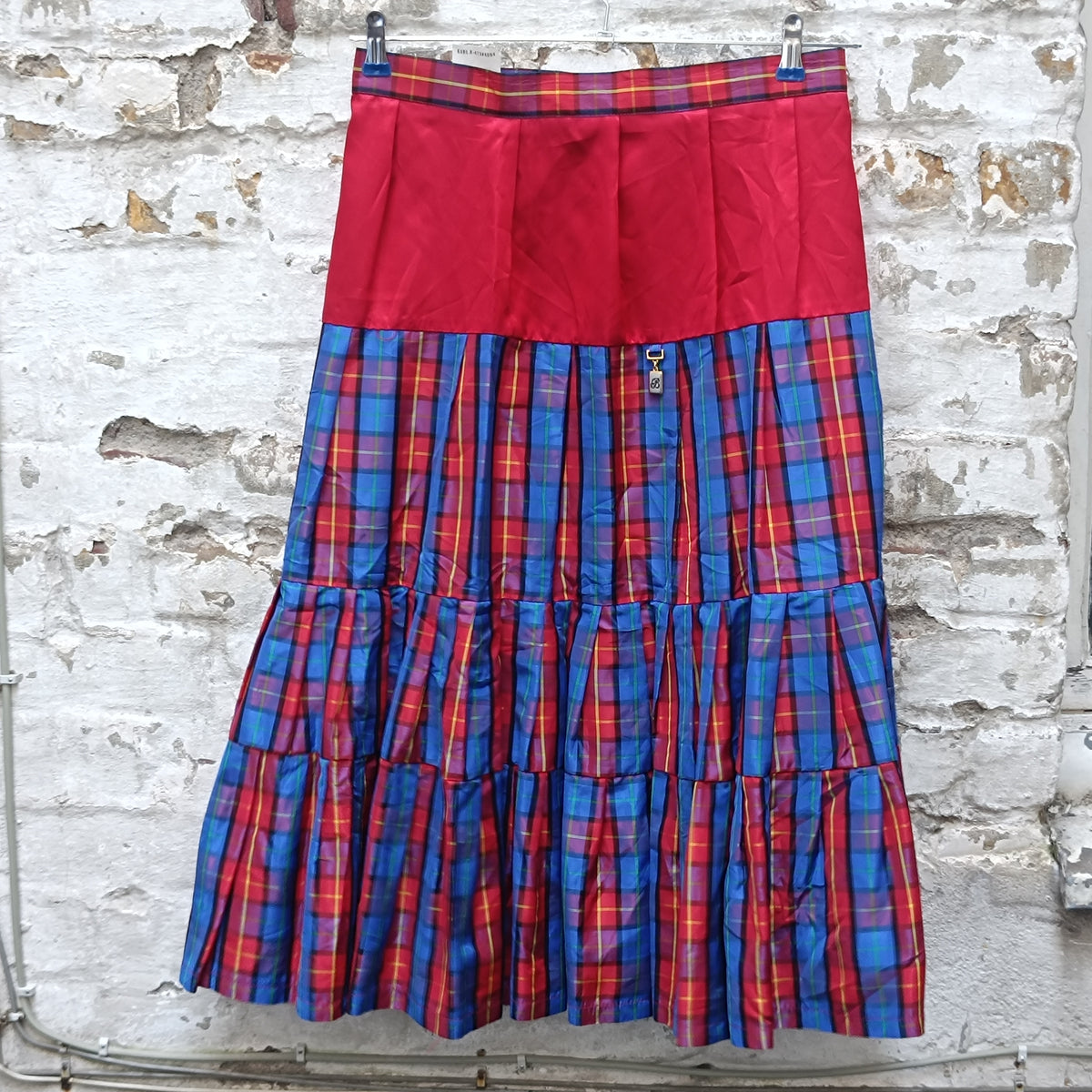 Vintage Tartan Midi Skirt 80s plaid tiered red blue fits L