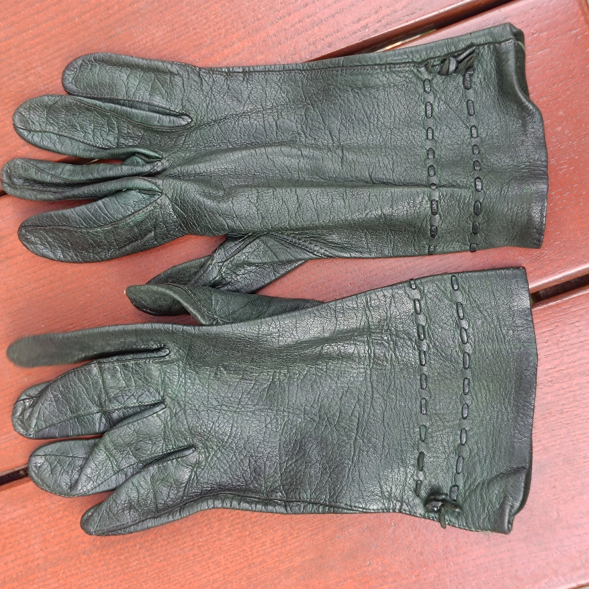 Vintage Leather Gloves | 80s Dark Green Stitching | Fits S