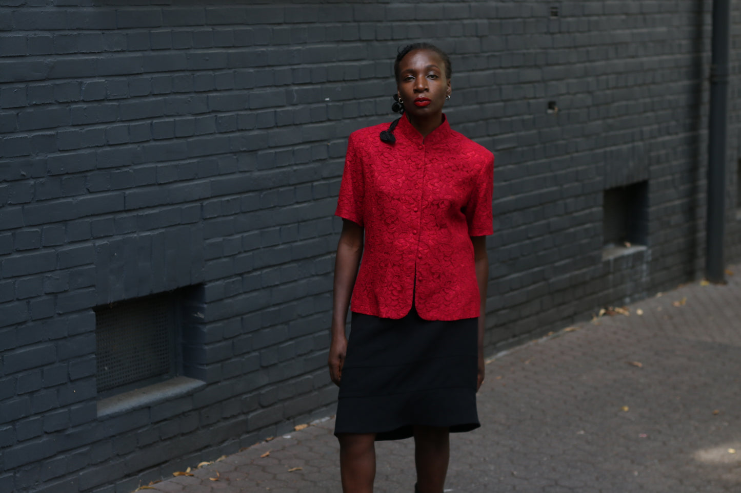 Red Lace Blouse Vintage 90s Mandarin Collar Shirt Short Sleeve | Fits S/M