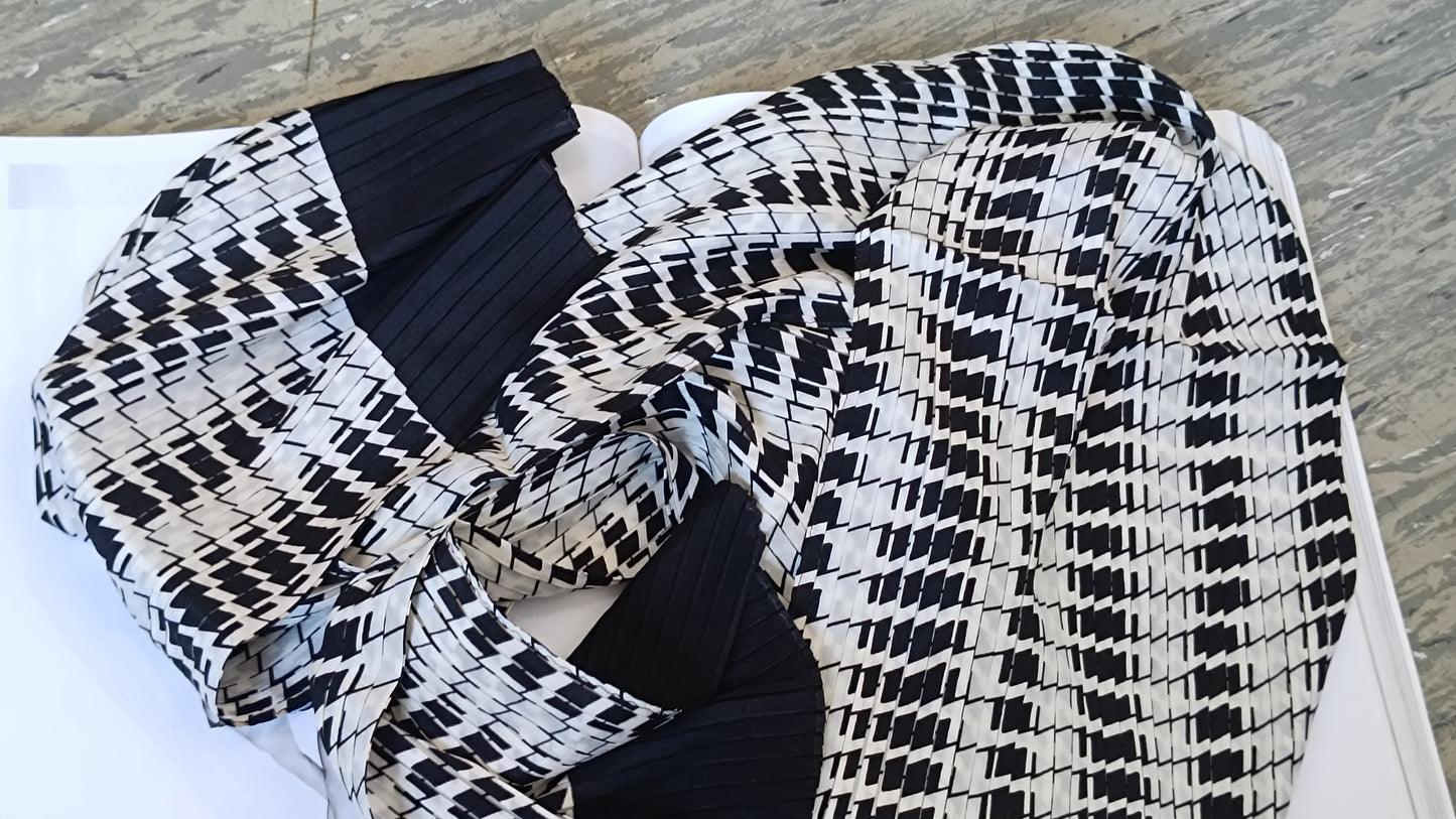 Vintage Christian Fischbacher Silk Scarf Black White Houndstooth Pleated Tie