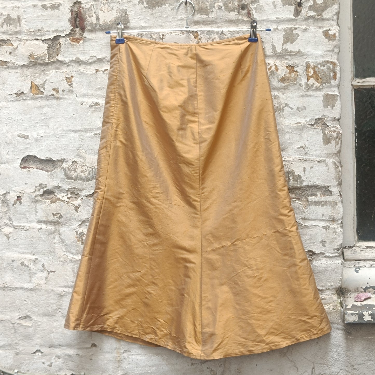 By Marja Vintage 90s Gold Silk Midi Skirt S Minimalist Metallic Shimmer Flare