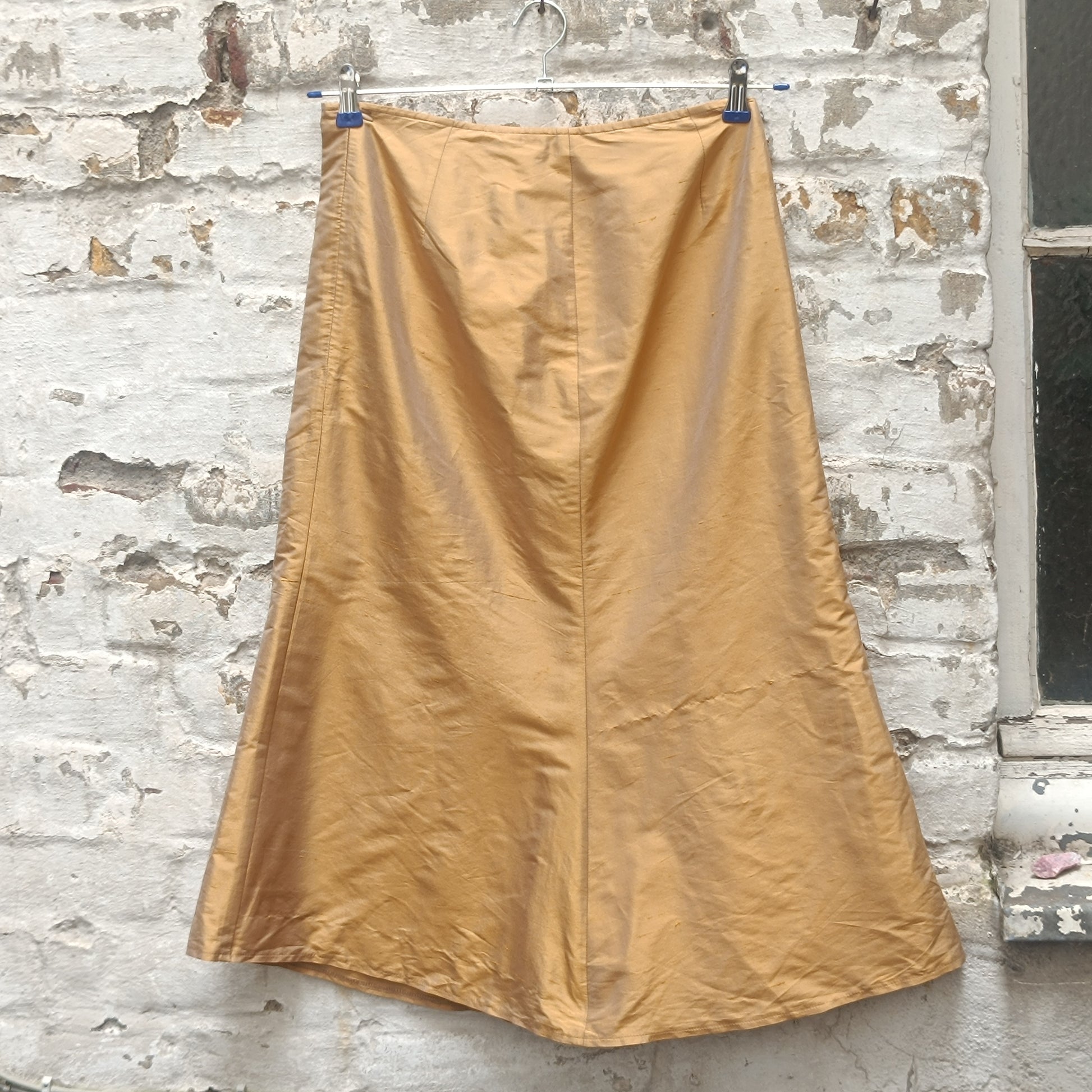 By Marja Vintage 90s Gold Silk Midi Skirt S Minimalist Metallic Shimmer Flare