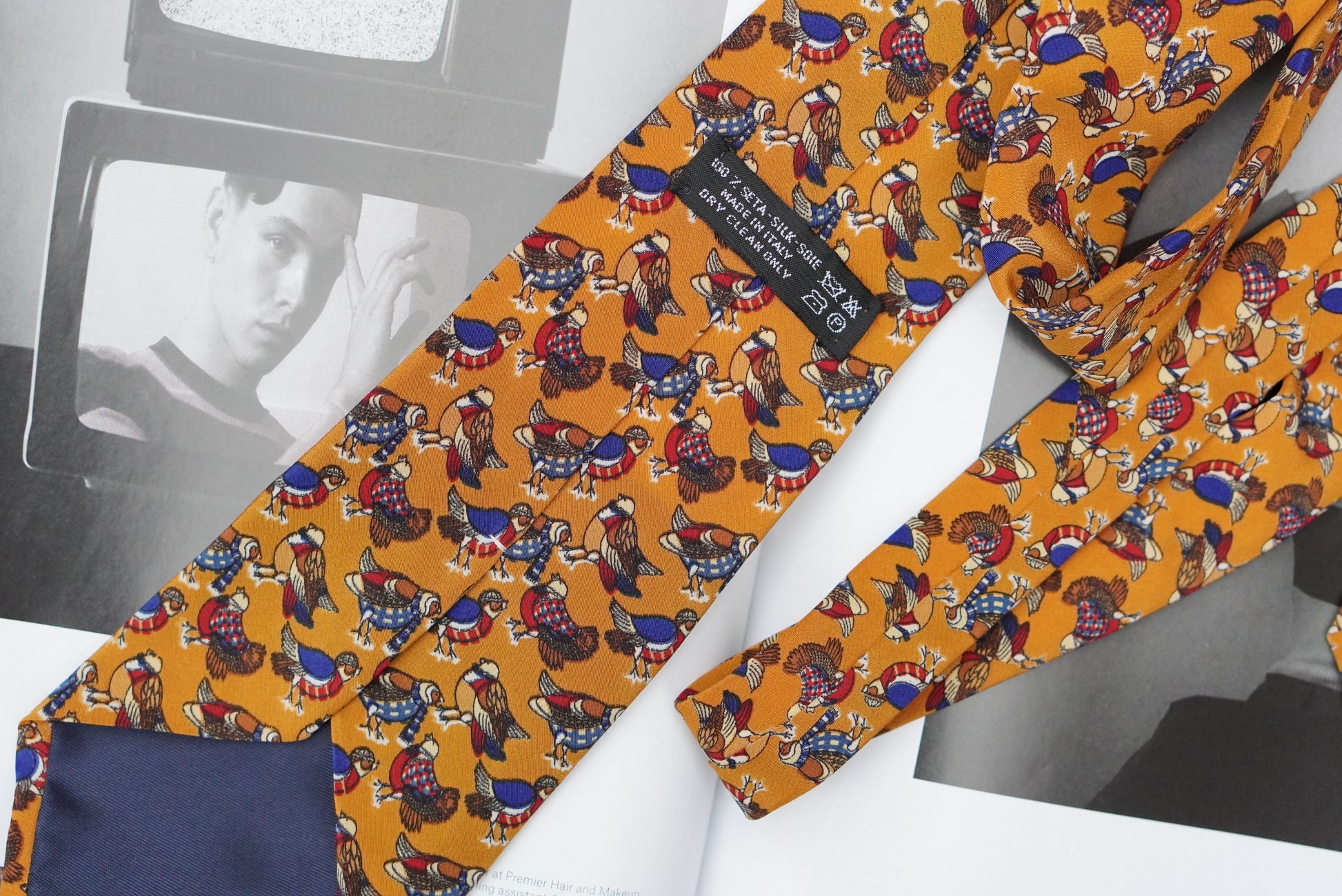 Vintage Mustard Yellow Silk Tie Italian Novelty Bird Print 1990s Mens Necktie