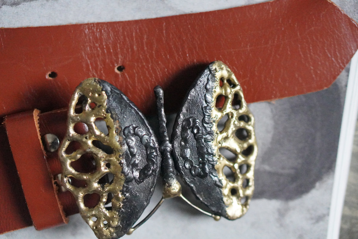 Vintage Butterfly Leather Belt | 80s Cognac Brown Statement Belt M/L