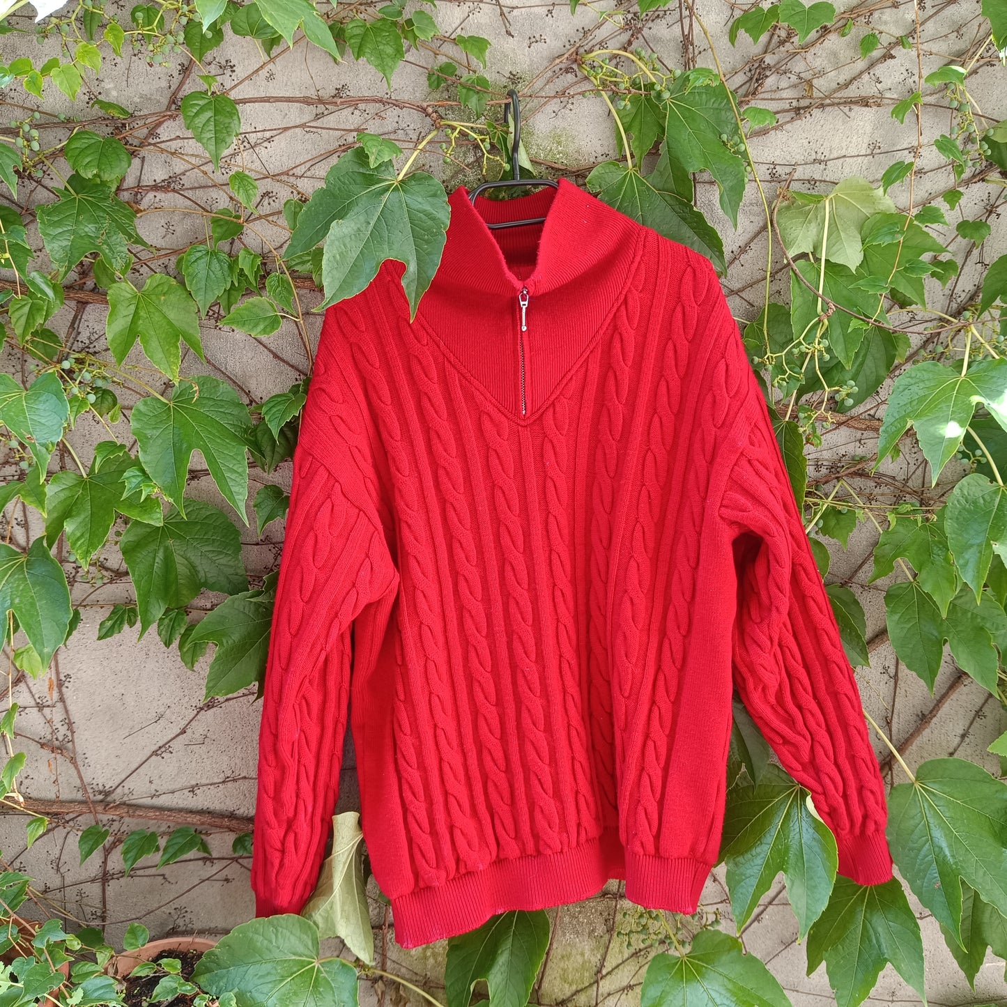 Merino Wool Sweater - Vintage Red Cable Knit Quarter Zip Jumper  L