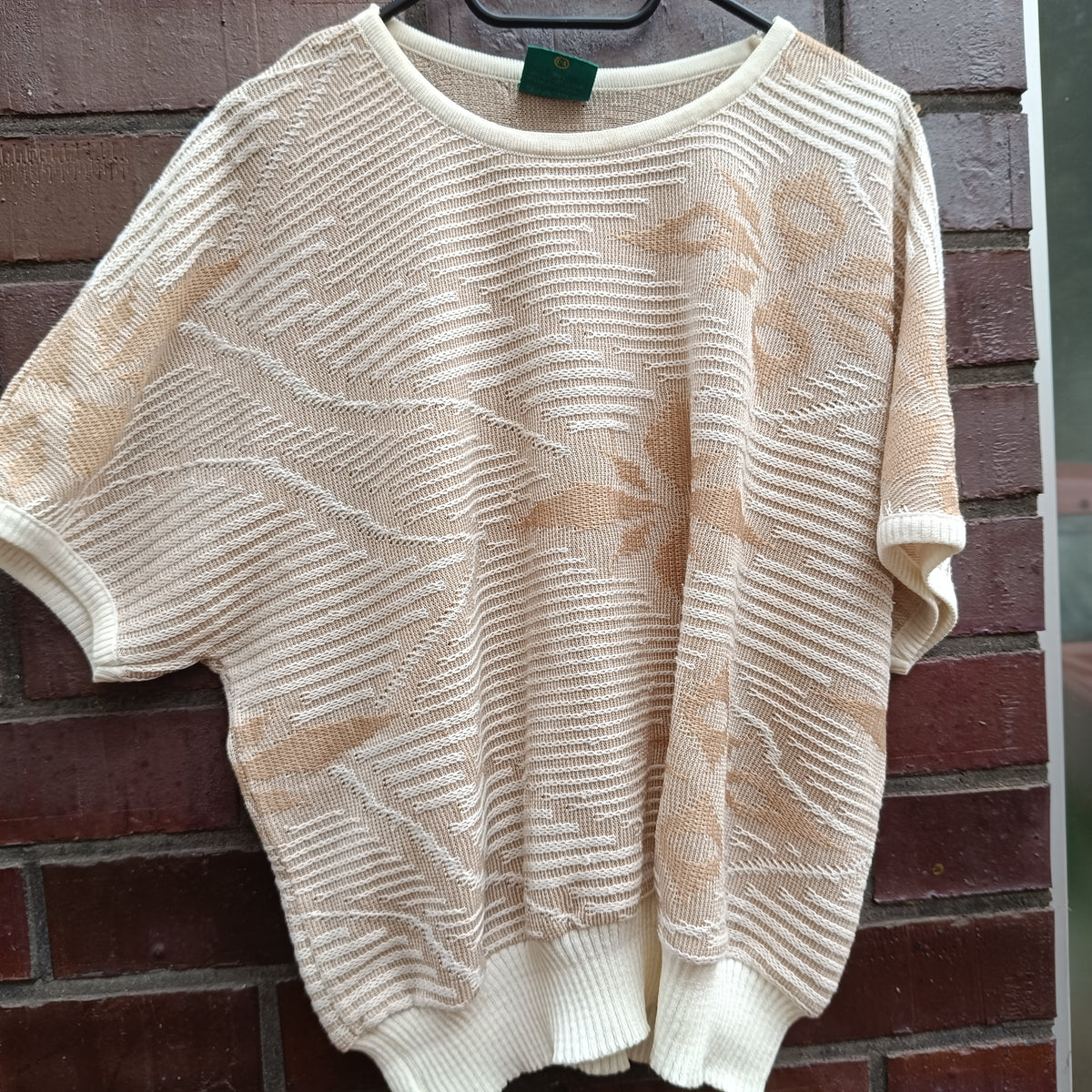 Vintage Short Sleeve Knit Top - 80s Textured Cream Sweater S/M